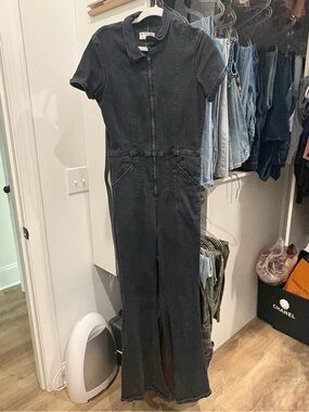 We The Free Black Short-Sleeve Zip-Front Denim Jumpsuit